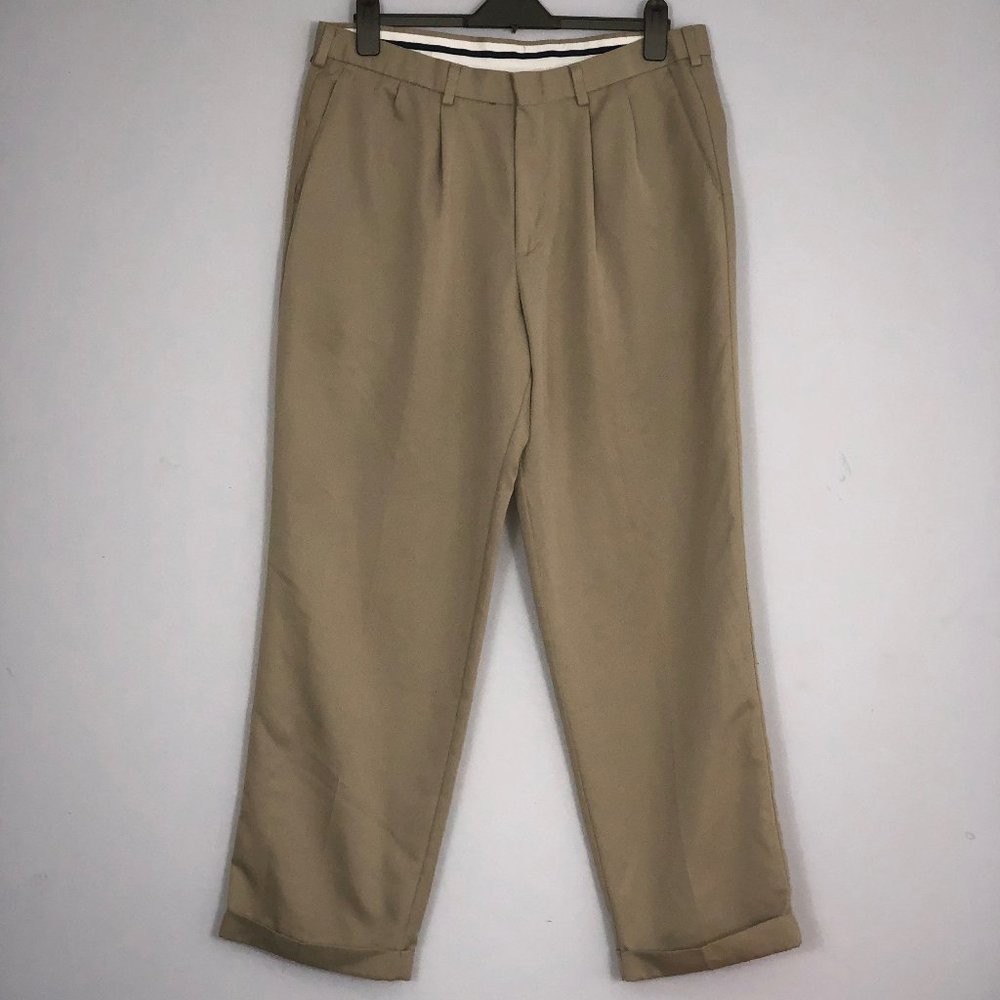Dockers Golf Pants Mens W36 L32 Tan Pleated Relaxed Fit Cuffed 100% Polyester